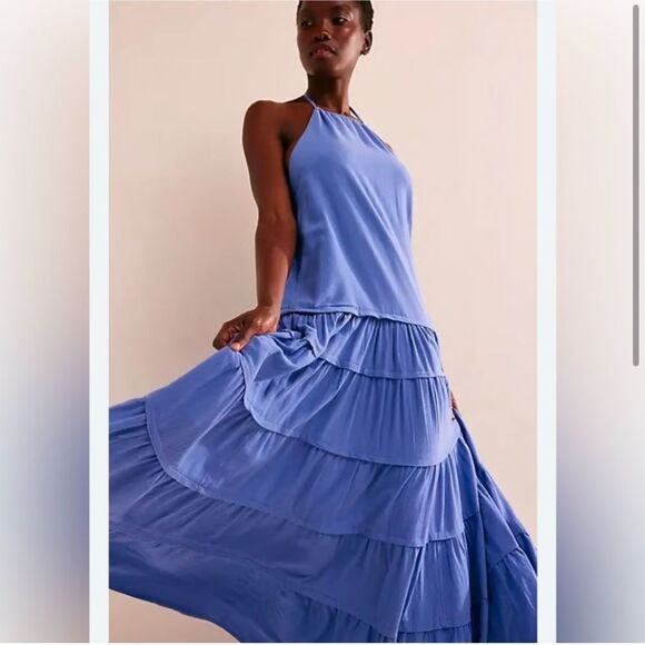 Nwt Free People Somewhere Sunny Drop-Waist Maxi Dress Baja Blue - Picture 2 of 9